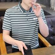 夏季韩版修身翻领衫小个子，青年时尚休闲160条纹，小码xs短袖t恤