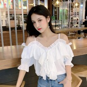 一字露肩上衣女2023夏季荷叶边吊带性感设计感小众短袖雪纺衬衫潮