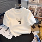 白色针织短袖女夏季薄款2024韩版时尚镶钻短款减龄t恤上衣潮