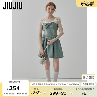 jiujiu复古蕾丝拼接牛仔连衣裙，2024夏高腰(夏高腰)显瘦方领a字短裙女