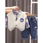 韩国宝宝春秋款套装1一3岁男童衬衣，网红三件套小童洋气衣服童装潮