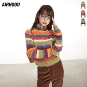 airhood美式2023秋季短款辣妹毛衣，复古彩色条纹，开衫拉链针织衫女