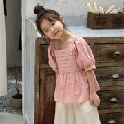 CHC乔伊思女童小衫短袖T恤2024夏季韩版系褶皱泡泡袖娃娃衫