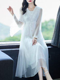 DAPENG纯白色真丝连衣裙高端桑蚕丝仙女裙子夏季海边氛围感轻奢