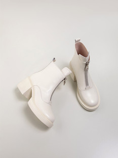 手工女鞋~6cm高跟马丁靴女2023冬季圆头厚底短靴白色真皮女靴
