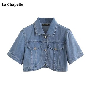 拉夏贝尔lachapelle夏季短袖牛仔外套女小个子，外塔披肩上衣