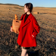 新年红简约喜气红色双面呢大衣女中长款宽松毛呢西装外套呢子大衣