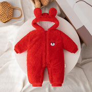 婴儿红色毛绒连体衣夹棉加厚冬季宝宝绒绒连身哈衣卡通拉链外套