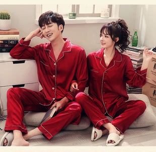 韩版春秋季真丝绸结婚情侣睡衣，男女长袖夏季性感新婚家居服套装