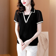 韩国假两件黑色雪纺短袖t恤女夏季2024洋气，气质时尚休闲上衣