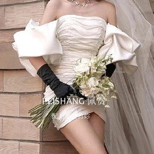 新娘白色手袖抹胸婚纱礼服拍照造型长款手套遮手臂袖子缎布臂袖