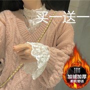 秋冬加绒加厚蕾丝长袖打底衫女大码胖mm钩花内搭网纱小衫上衣