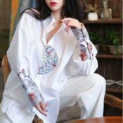 新中式重工刺绣衬衫，女士2024春季立领，宽松上衣复古中长款衬衣