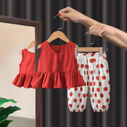 女童网红套装夏装2024年中小童无袖背心，夏季裤子洋气两件套潮