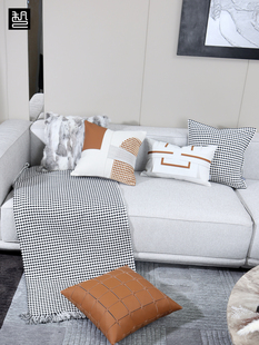 现代轻奢风酒店样板间橘橙色沙发抱枕客厅兔毛高端靠枕床头靠垫套