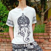 泰国风网红款大码白色棉麻大象短袖，t恤2019夏季宽松潮流男士上衣
