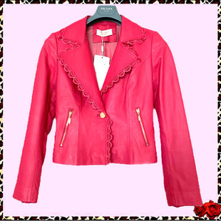 品牌玫红色羊皮刺绣蕾丝拼接收腰修身短夹克上衣