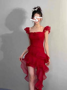 法式度假玫瑰花气质长拖尾无袖氛围感红色吊带连衣裙女