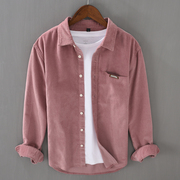 高端灯芯绒衬衫男士，秋季纯棉潮流c休闲长袖衬衫，粉红色条绒上衣外