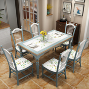 美式乡村实木餐桌椅组合 地中海风格彩绘长方形一桌六椅餐台饭桌