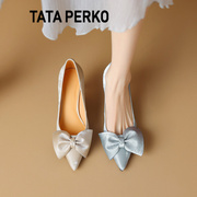 TATA PERKO联名金色蝴蝶结尖头高跟鞋女细跟法式真皮浅口气质单鞋