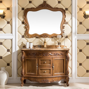 奥卫冠红橡木洗脸盆柜组合圆弧欧式浴室柜洗手台，大理石台面1.2米