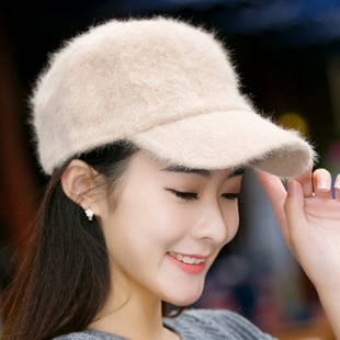 韩版秋冬天女士可爱纯色鸭舌帽百搭冬季保暖兔毛针织毛线棒球帽子