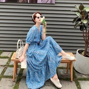 韩国复古蓝色碎花高个子女生连衣裙长裙到脚踝超长款收腰茶歇裙子