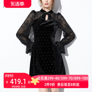 aui黑色新中式旗袍改良连衣裙，女2024秋冬气质，蕾丝泡泡袖裙子