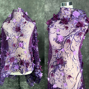 紫色手工钉珠亮片绣花布料高端礼，服装立体雪纺花朵背景蕾丝布面料