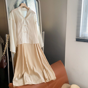 新中式立领盘扣轻薄长袖上衣雪纺，纯色连衣裙套装楠0421g$14