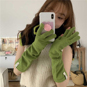 绿色长款针织手套袖套保暖百搭ins韩版少女，漏手指可玩手机加长冬