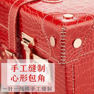 高档行李旅行拉杆箱新娘结婚陪嫁婚庆子母手工皮箱中国大红色带密