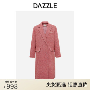 dazzle地素奥莱粉红色西装，领中长款直筒，粗花呢毛呢大衣外套女