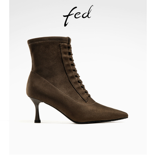 fed系带时装靴冬季靴子尖头瘦瘦靴高跟短靴女款R1004-YAB527