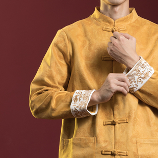 民族复古中国风龙纹印花盘扣，唐装外套中式古风，个性立领刺绣夹克潮