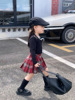 女童洋气辣妹T套装2023秋女宝学院风长袖T恤格子半身裙两件套休闲