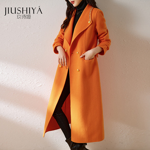 玖诗娅橘色冬高端羊毛，大衣女中长款橙色名媛显瘦双面羊毛呢子外套