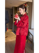 新中式红色竹节印花上衣半身裙两件套装秋冬小个子订婚新娘敬酒服