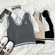 韩版学院风时尚减龄polo领拼接针织马甲背心，假两件短袖衬衫上衣女