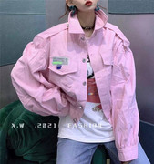 外套0314欧洲站，春季女装樱花粉色翻领廓型落肩短款上衣