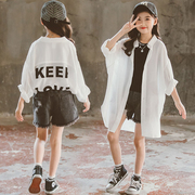 2024夏装女童中长款白色，衬衣韩版中大童字母印花衬衫儿童防晒衣潮