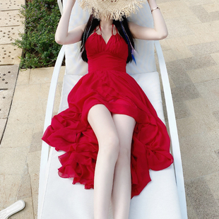 性感露背超仙雪纺沙滩，裙泰国海边度假拍照吊带裙，红色三亚连衣裙夏