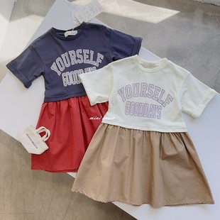 110-150日系女童字母拼接宽松版短袖连衣裙