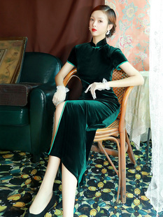 绿色丝绒旗袍2022年性感高开叉长款显瘦复古老上海国风连衣裙