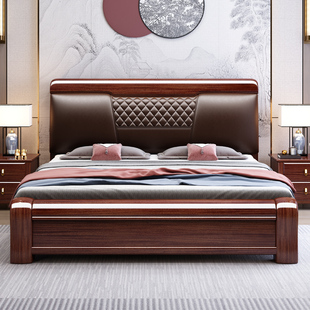 实木床1.8米新中式主卧海棠木现代简约真皮软包1.5储物婚床双人床