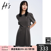 hs奥莱2023夏季短袖，卫衣裙女装灰色，高级感镂空收腰卫衣连衣裙