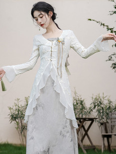 新中式印花吊带裙仙女飘带上衣，鱼尾拼接蕾丝两件套淑女，修身气质裙