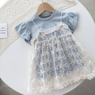 1-6岁女童假两件蕾丝飞袖吊带裙夏季韩版宝宝连衣裙洋气公主裙