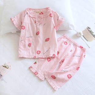 a类粉色草莓甜美儿童夏薄纯棉，纱布睡衣女童短袖7分裤套头式家居服